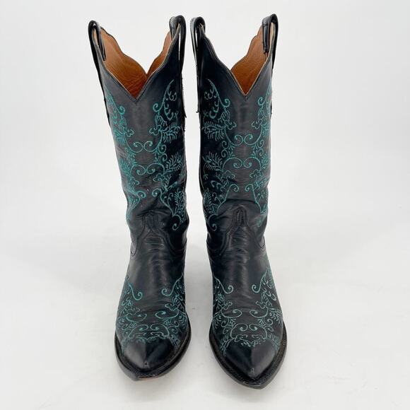 Lucchese Classics Black Metallic Teal Stitching Western Cowgirl Boot size 6.5 - Picture 5 of 11